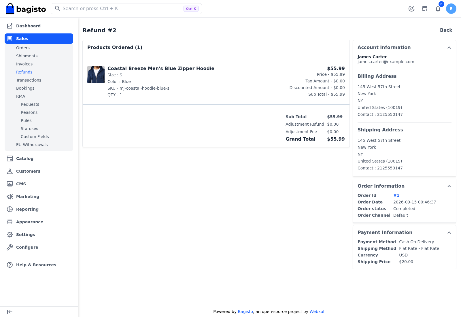 Refund page with the refunded product, totals, account, order and payment information