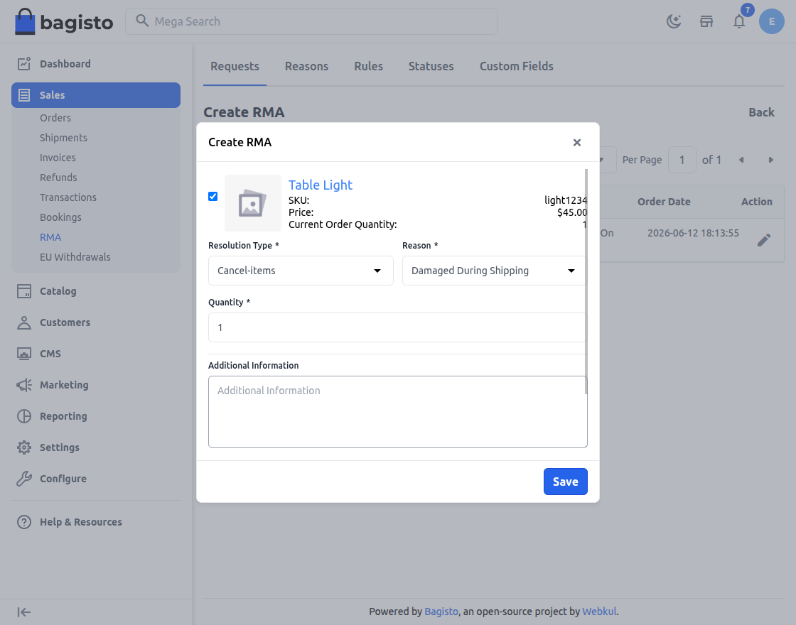 RMA Create Admin Side