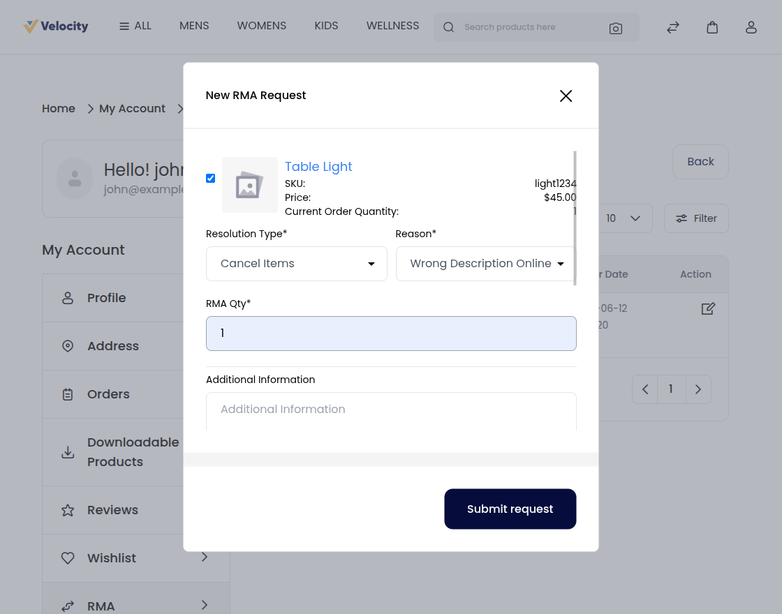 Customer creating an RMA request