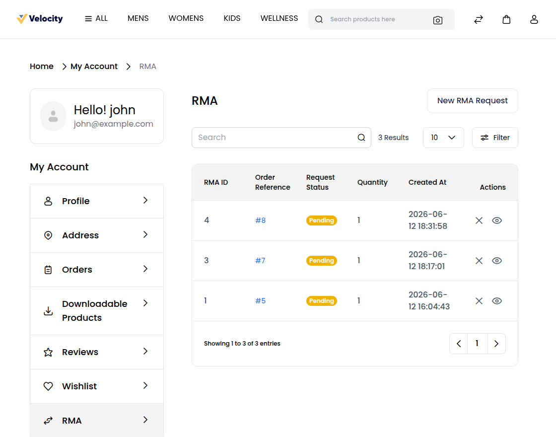 Customer RMA Request List