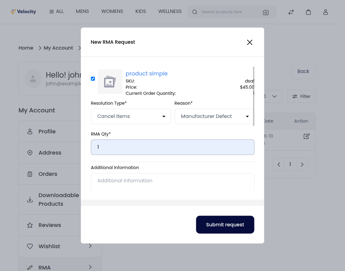 RMA request customer