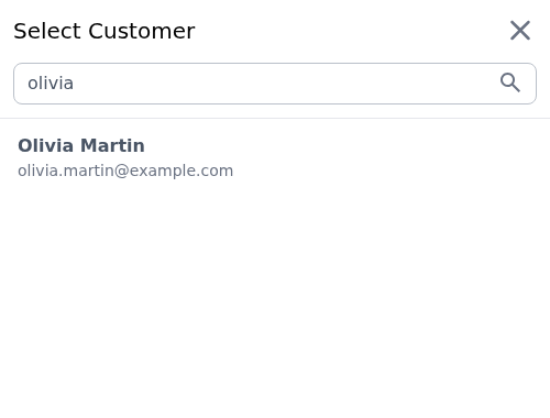 Select Customer panel with a matching customer listed