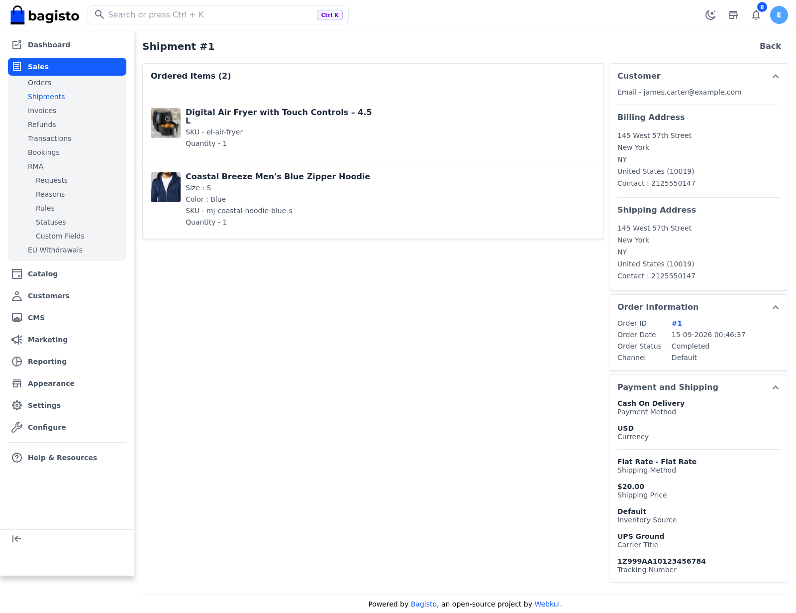 Shipment page with the shipped items, customer, order and carrier details