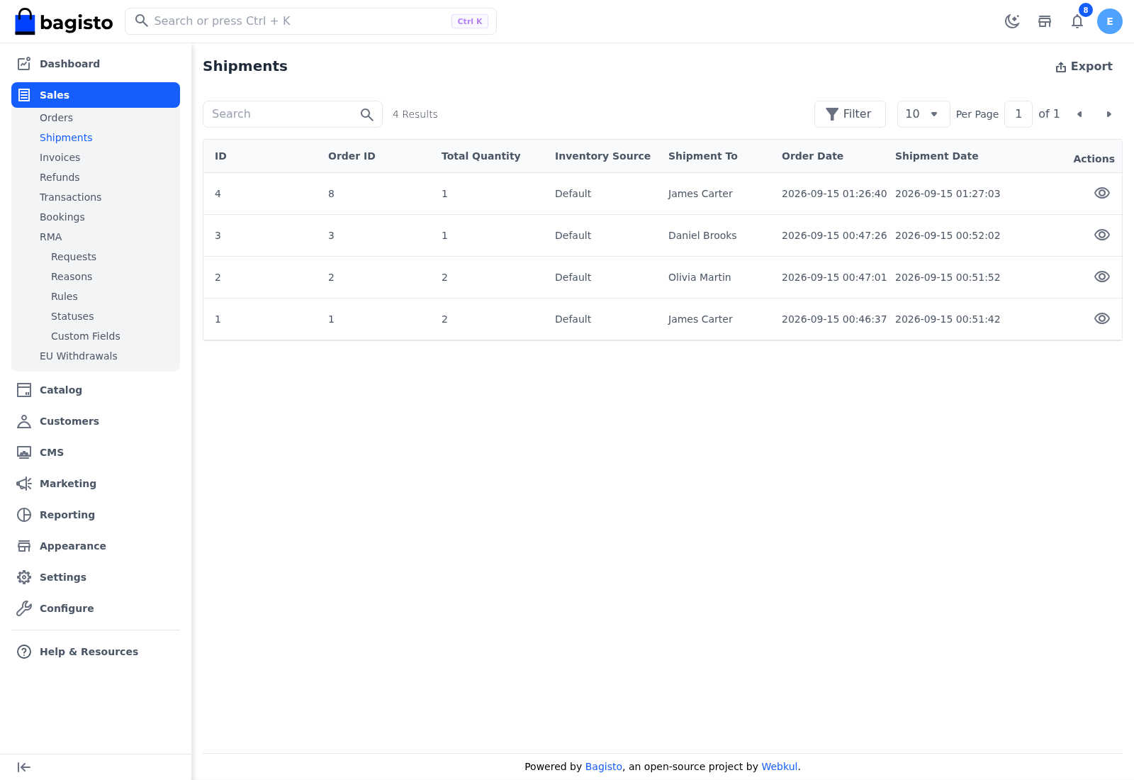 Shipments screen listing shipments with their order, quantity, source and dates