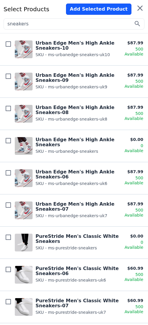 Select Products panel with search results ticked for adding