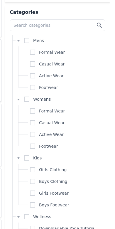 Categories section with a searchable category tree