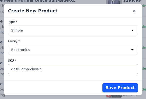 Create New Product dialog with Type, Family and SKU