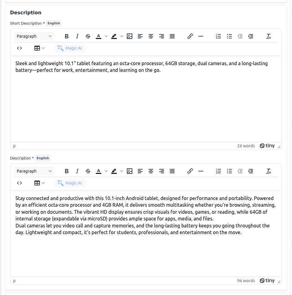 Description section with the Short Description and Description editors