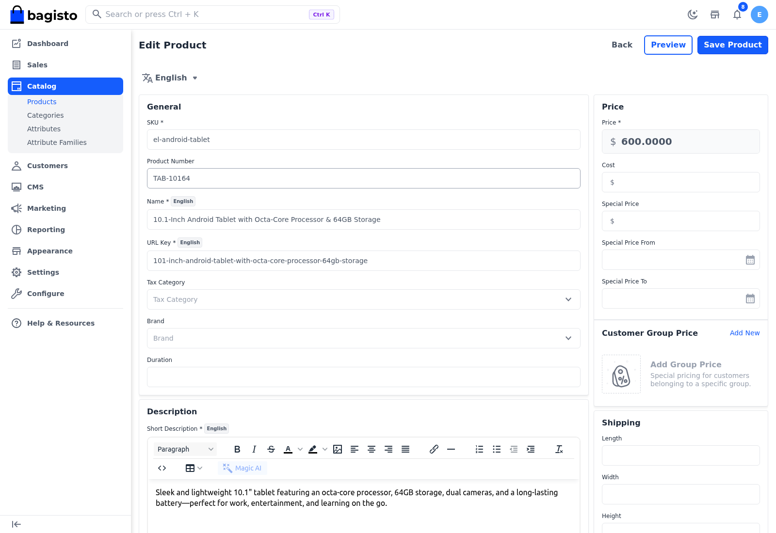 Edit Product screen with the General and Price sections