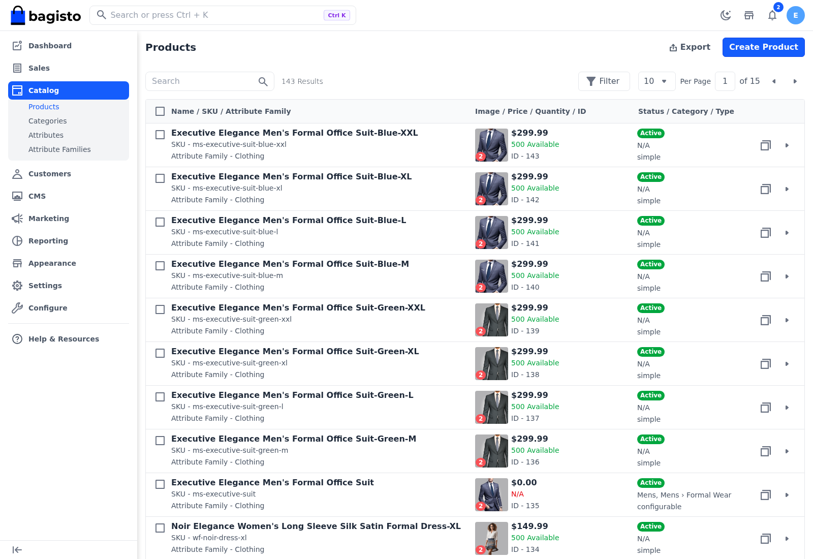 The products list under Catalog >> Products