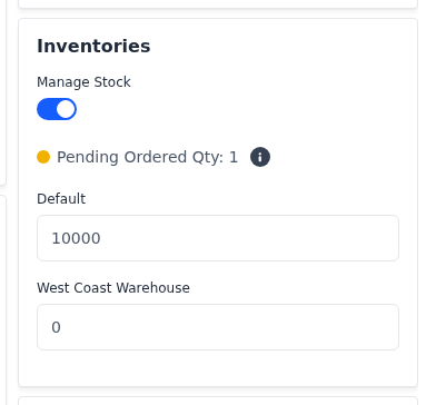 Inventories section with Manage Stock and a quantity for each inventory source