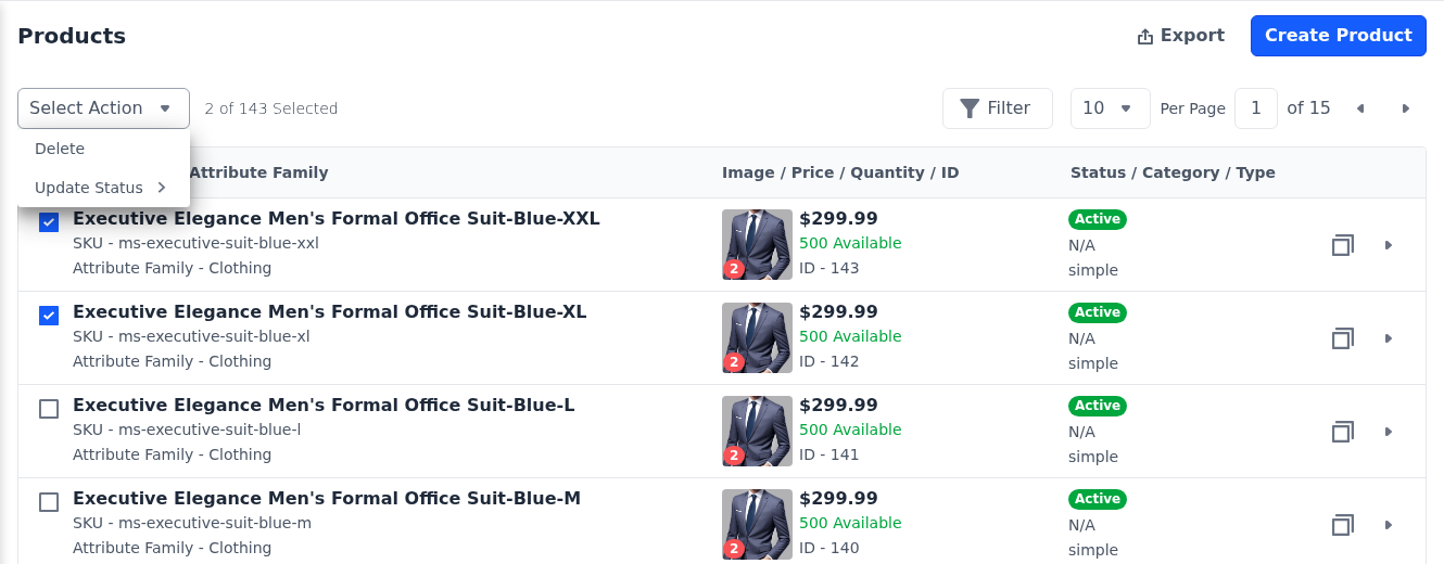 Select Action menu with Delete and Update Status for two ticked products