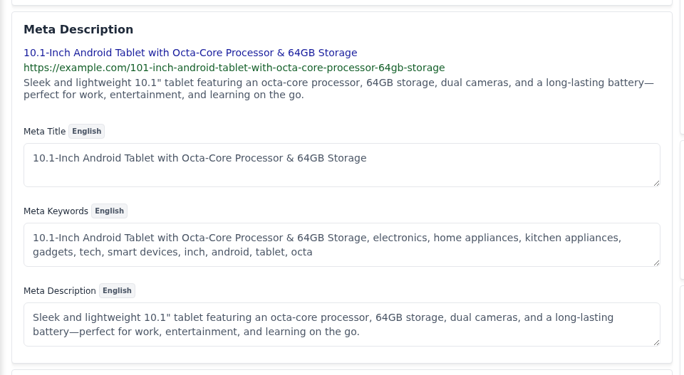 Meta Description section with the search result preview