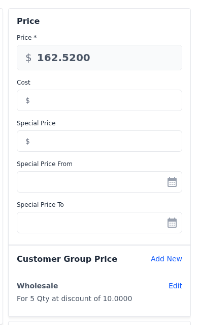 Price section with a Wholesale customer group price in the Customer Group Price block
