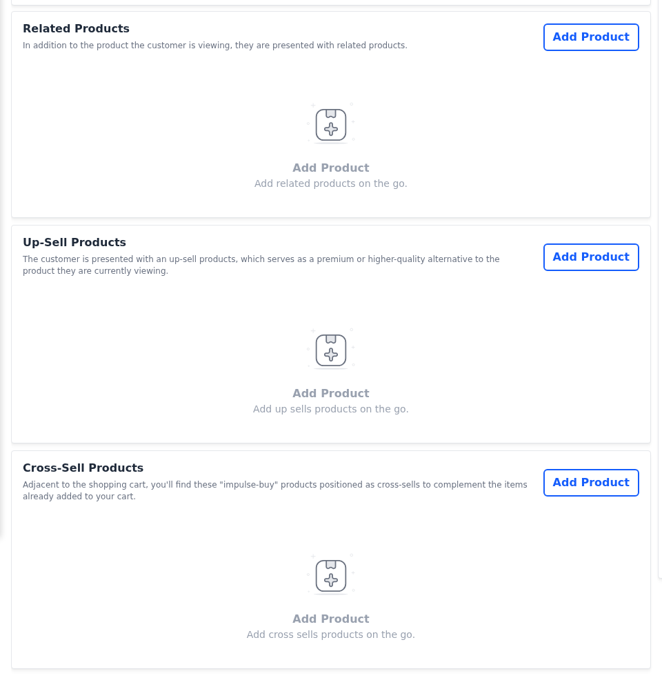 Related Products, Up-Sell Products and Cross-Sell Products sections