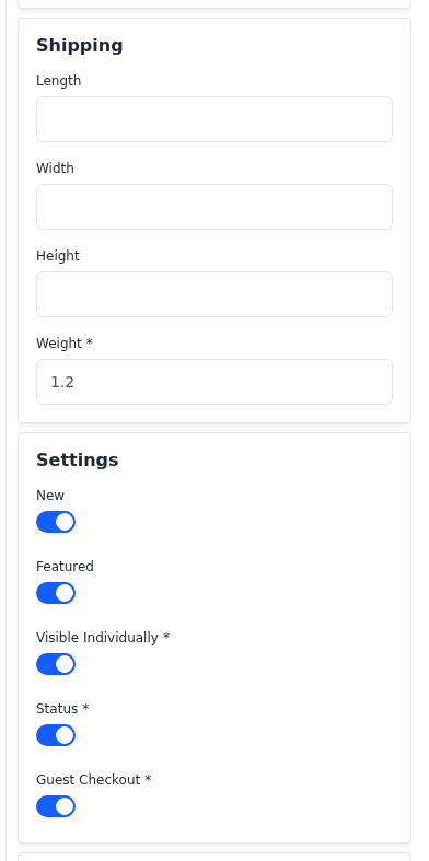 Shipping and Settings sections of the edit screen