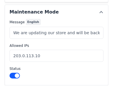 Maintenance Mode section with a message, an allowed IP address and Status turned on