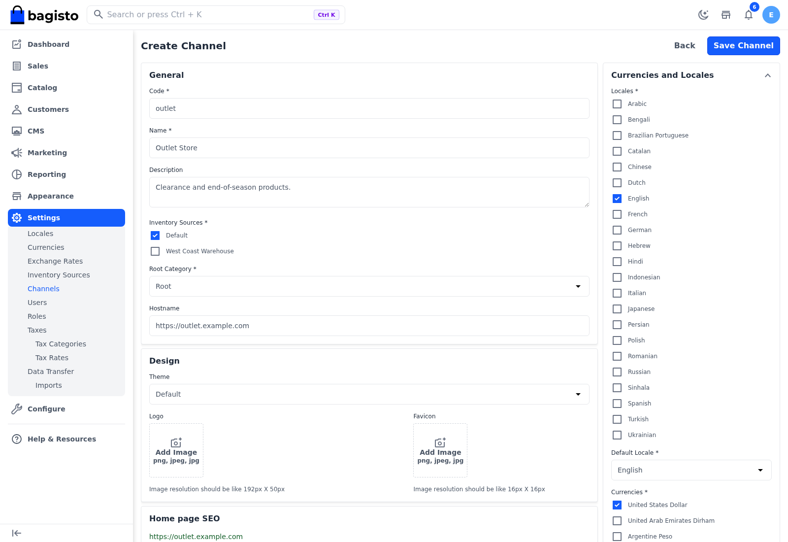 Create Channel page with the General section filled in for an Outlet Store channel