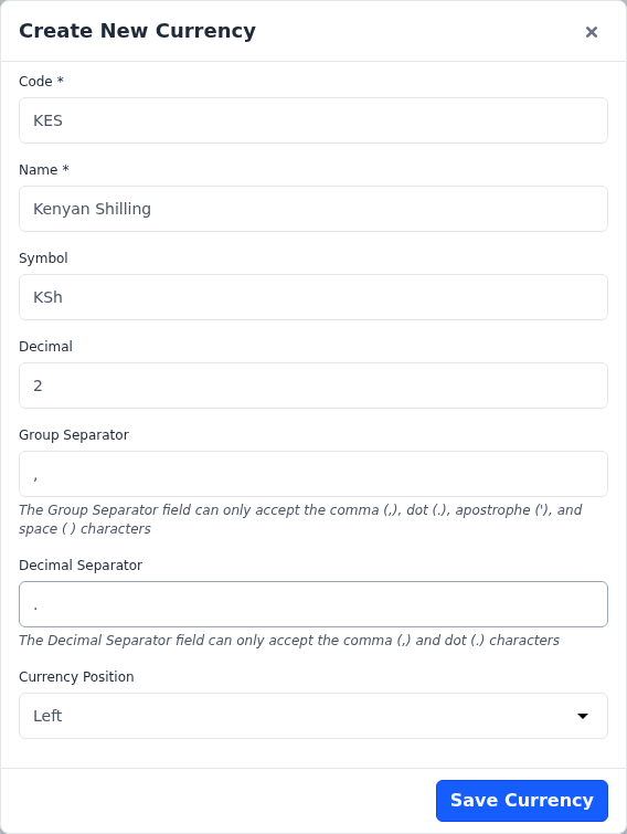 Create New Currency form for the Kenyan Shilling