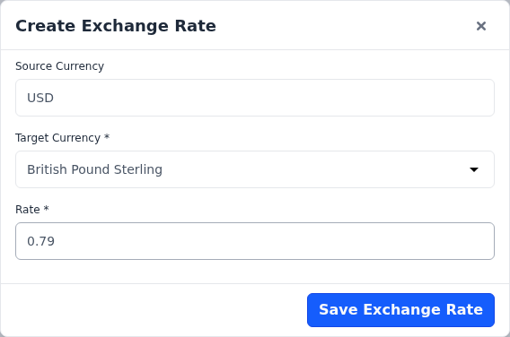 Create Exchange Rate form converting US Dollars to British Pounds at a rate of 0.79