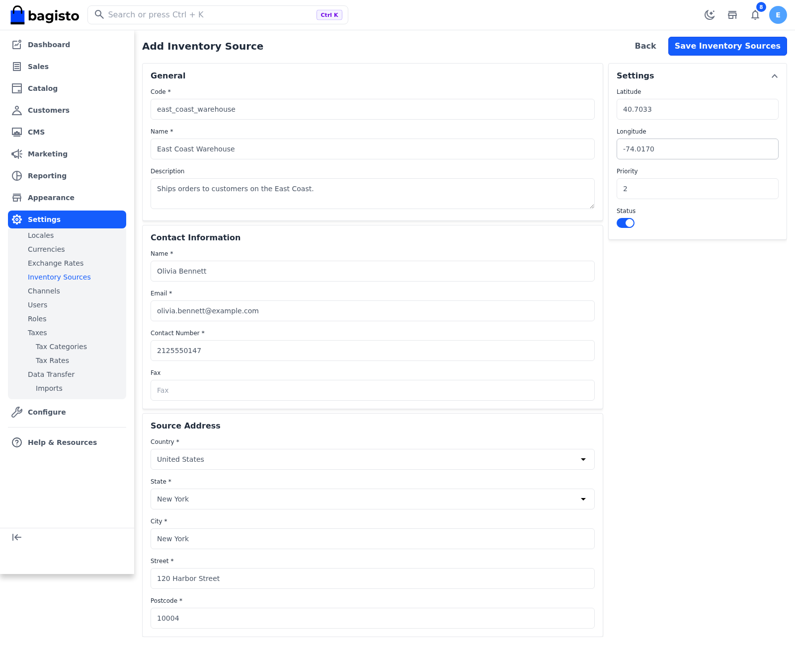 Add Inventory Source page filled in for an East Coast Warehouse
