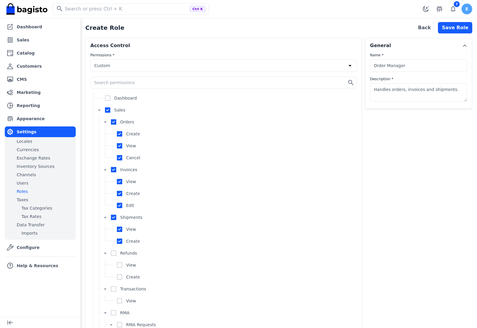 Create Role page for an Order Manager role with order, invoice and shipment permissions selected