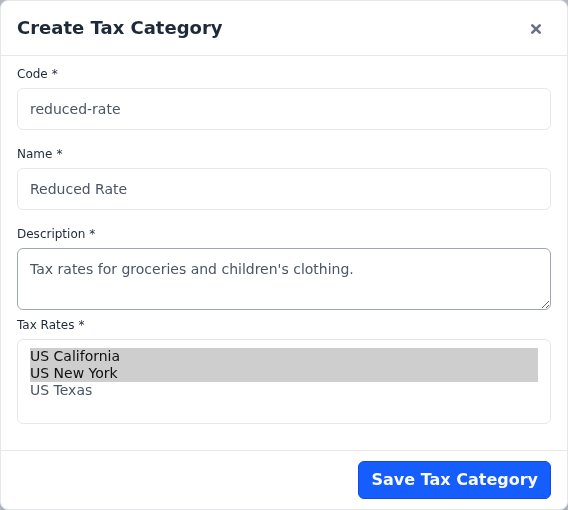 Create Tax Category form with two tax rates selected