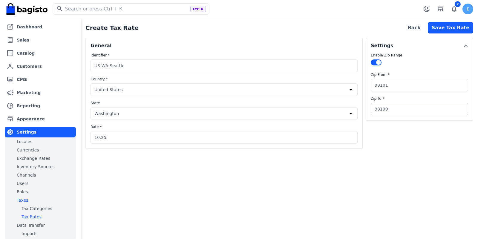 Create Tax Rate page for Seattle with Enable Zip Range on and a postcode range