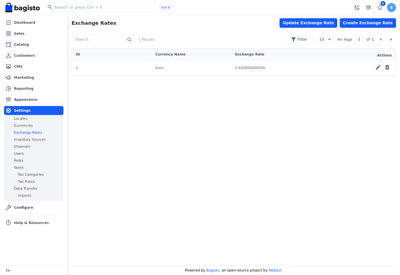 Exchange Rates grid with a Euro rate and the Update Exchange Rate and Create Exchange Rate buttons