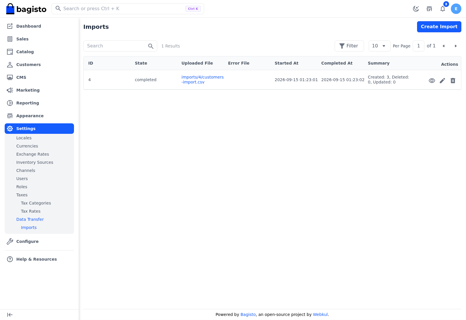 Imports grid with a completed customer import and its summary