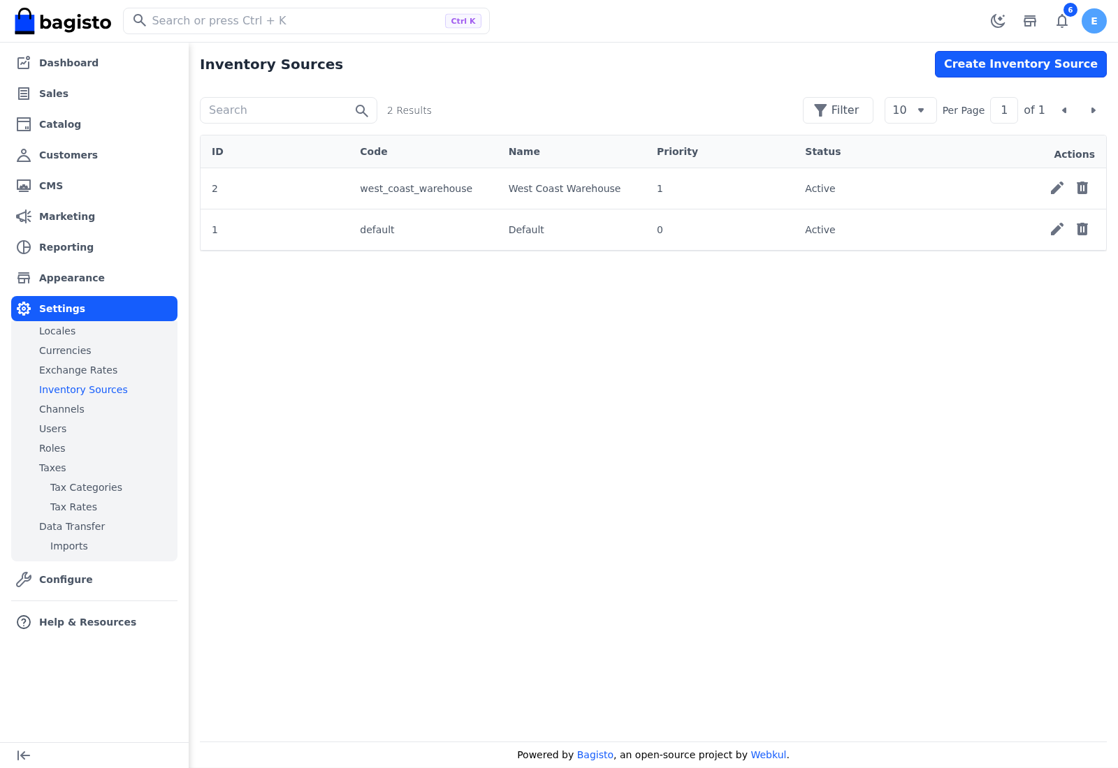 Inventory Sources grid with the Default and West Coast Warehouse sources
