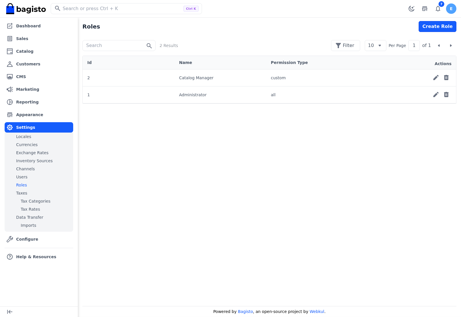 Roles grid with the Administrator and Catalog Manager roles