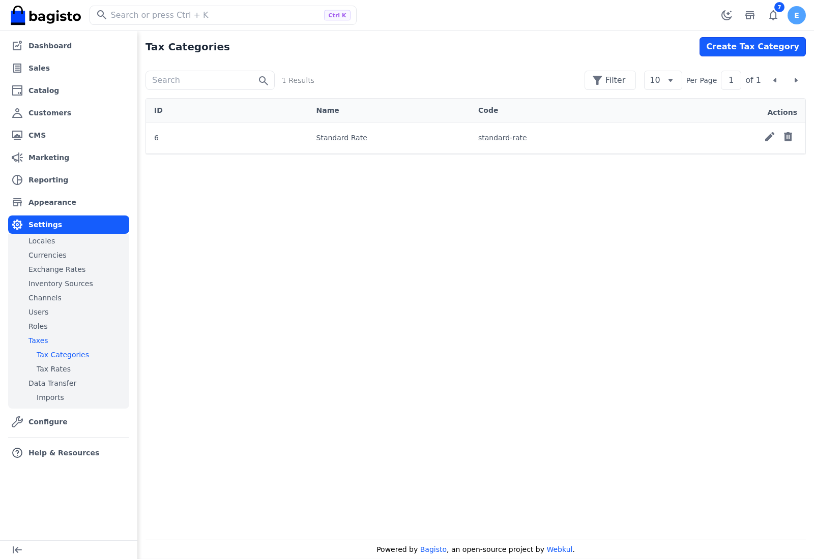 Tax Categories grid with the Standard Rate category