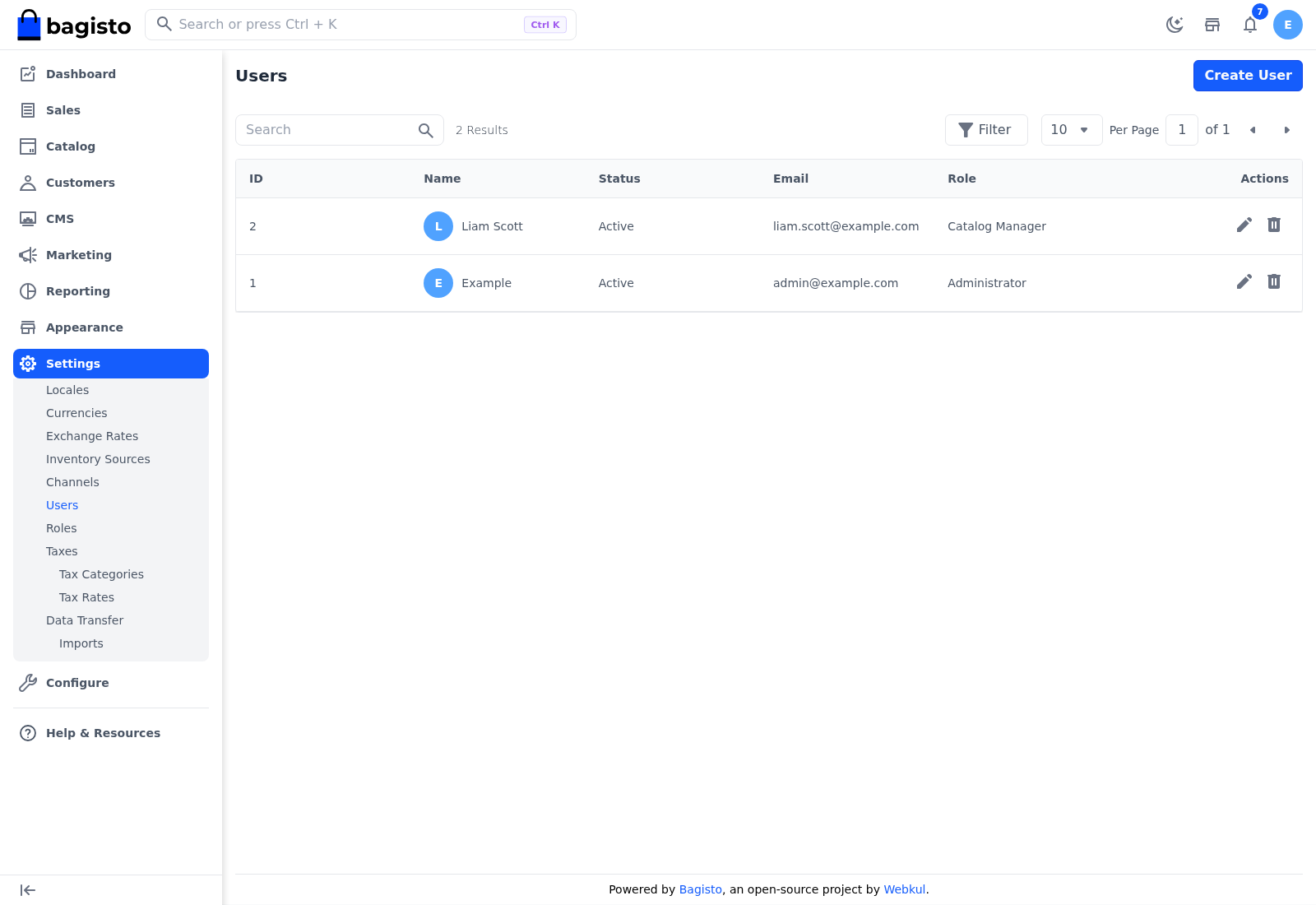 Users grid with an Administrator and a Catalog Manager user