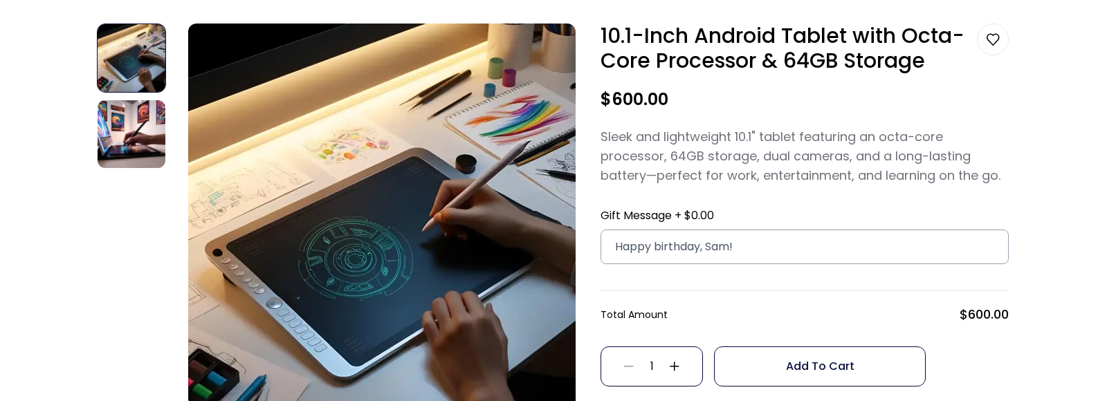 Gift Message field on the product page, above the Total Amount