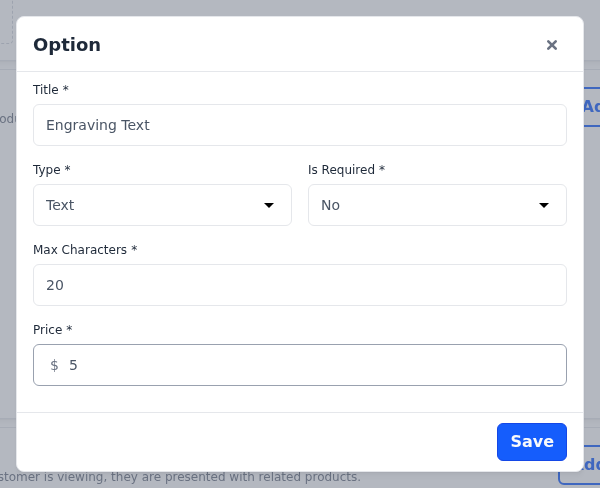 Option dialog for a Text option with Max Characters and Price